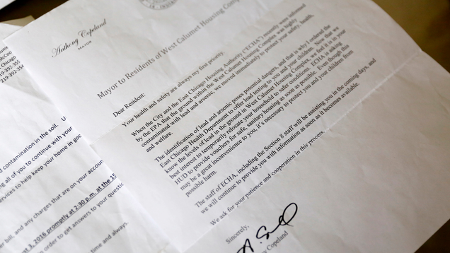 The city mayor’s 2016 letter to residents of the West Calumet Housing Complex, informing them they must relocate. Photo: AP